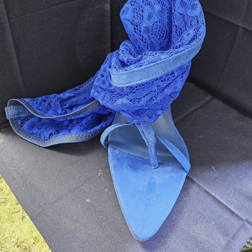 Blue Lace Toe Thong Thigh High Heeled Sandals